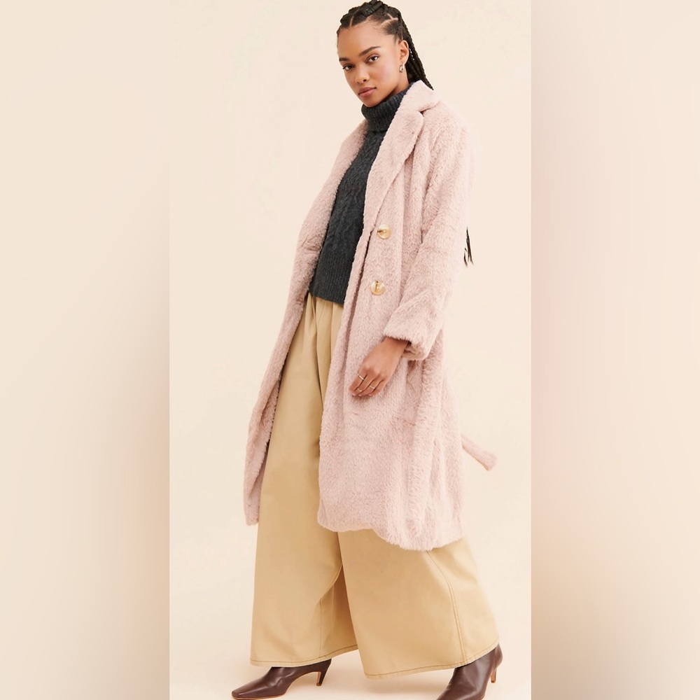 🆕 FREE PEOPLE Cuff it Coat Pink Teddy Cozy Faux Fur Trench Coat Jacket - Picture 4 of 13